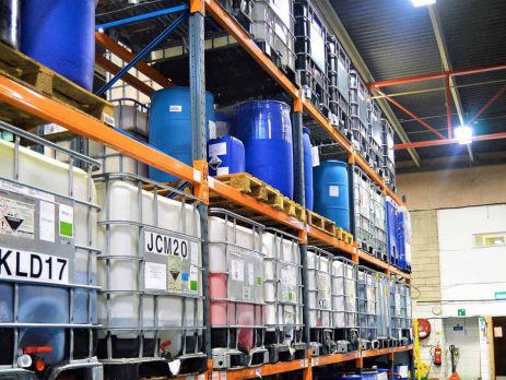 The ReAgent warehouse with pallet racks full of IBCs