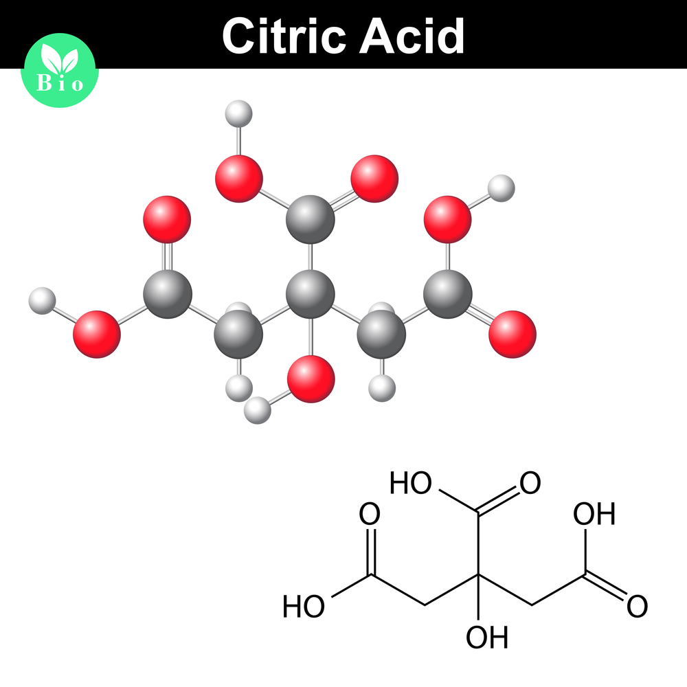 The citric acid molecule, citrate, and chemical formula in a graphic