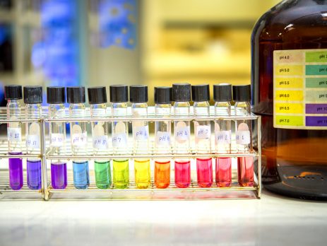 A row of vials containing different coloured liquids
