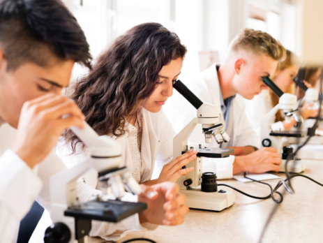 GCSE chemistry students looking into microscopes