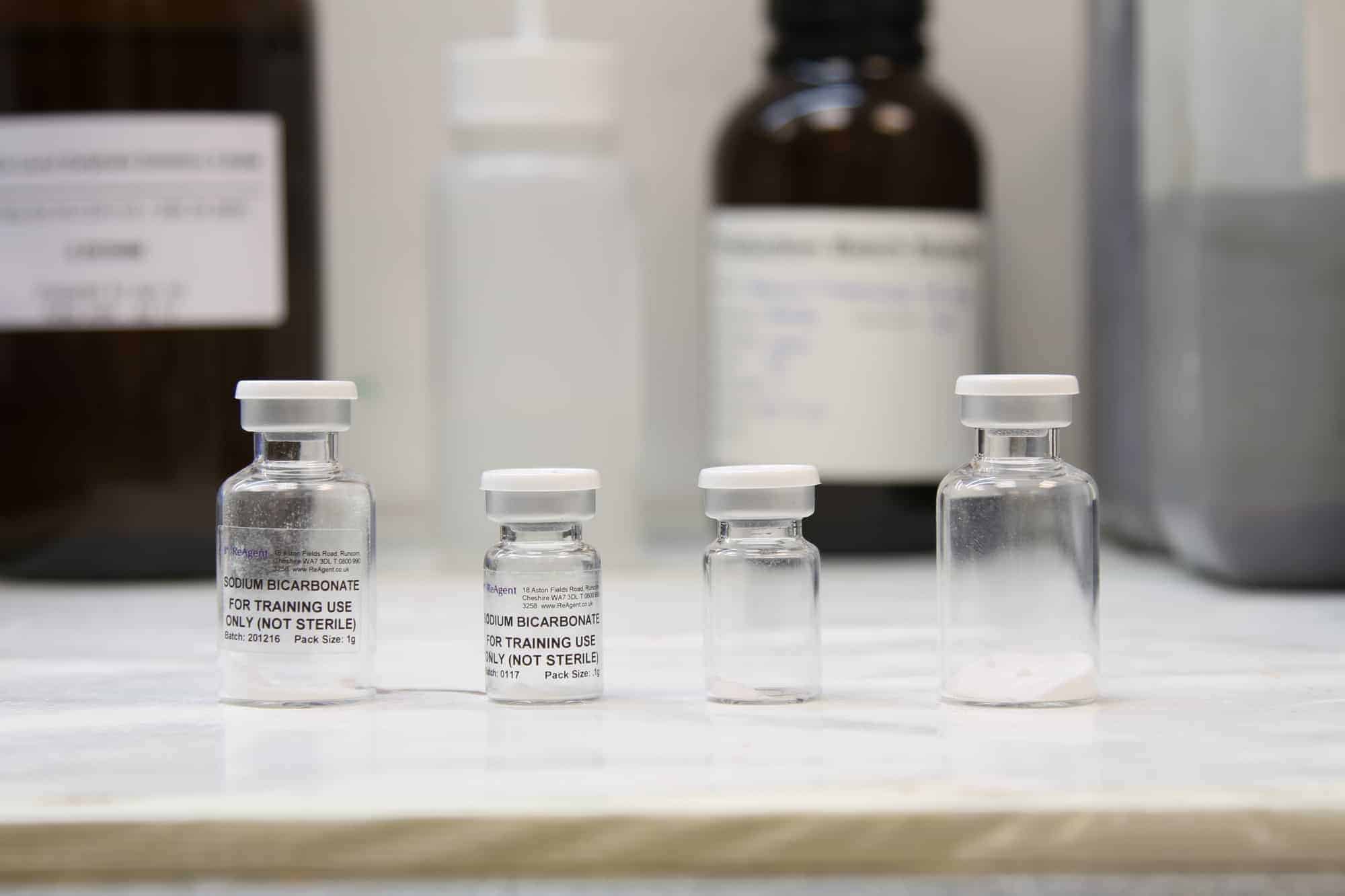 Small vials of sodium bicarbonate at ReAgent