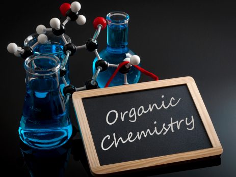 Chalkboard with 'organic chemistry' written on, leaning against test tubes and molecular model