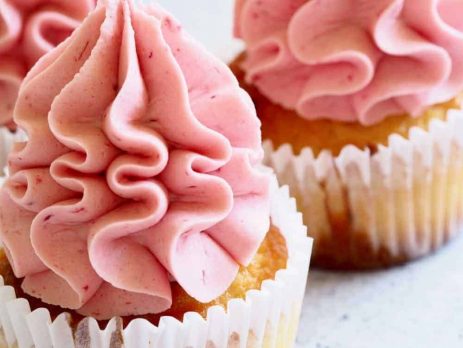 A cupcake with pink icing