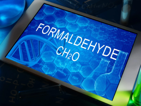 the chemical formula of Formaldehyde on a tablet with test tubes