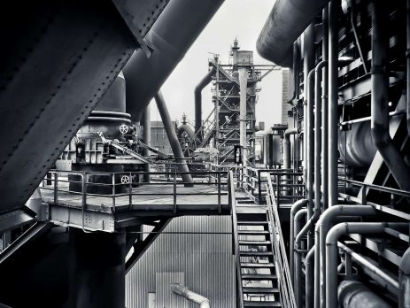 Black and white photo of a manufacturing plant