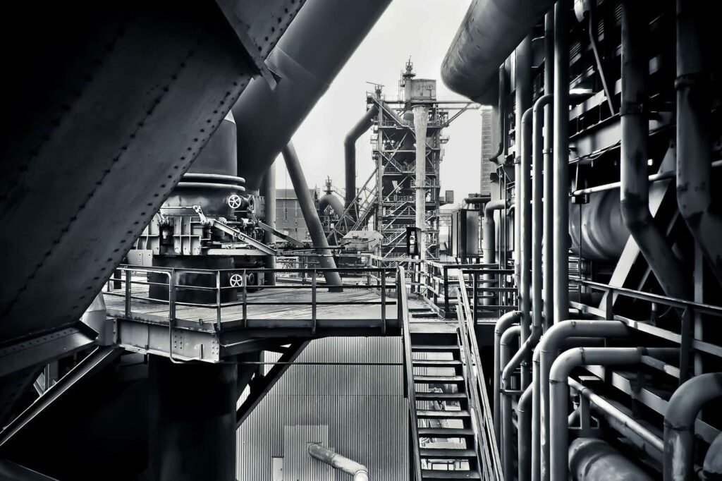 Black and white photo of a manufacturing plant