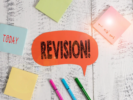 Graphic of a speech bubbling saying the word REVISION!