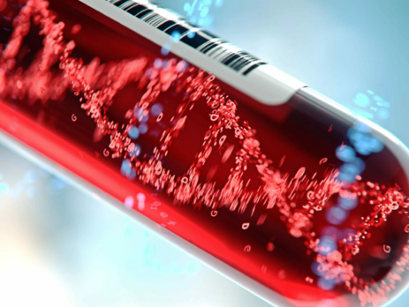 Conceptual image of a molecule of DNA forming inside a test tube containing blood