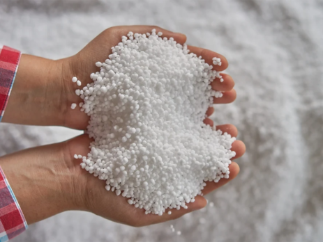 A man's hands holding white crystals of nitrogen fertiliser.