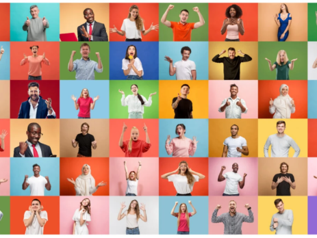 Collage of many happy people on coloured backgrounds