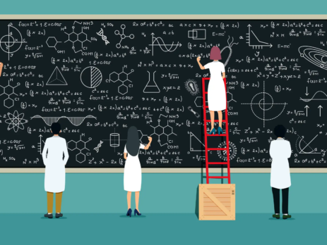 Cartoon of scientists writing complicated chemical equations on a chalkboard