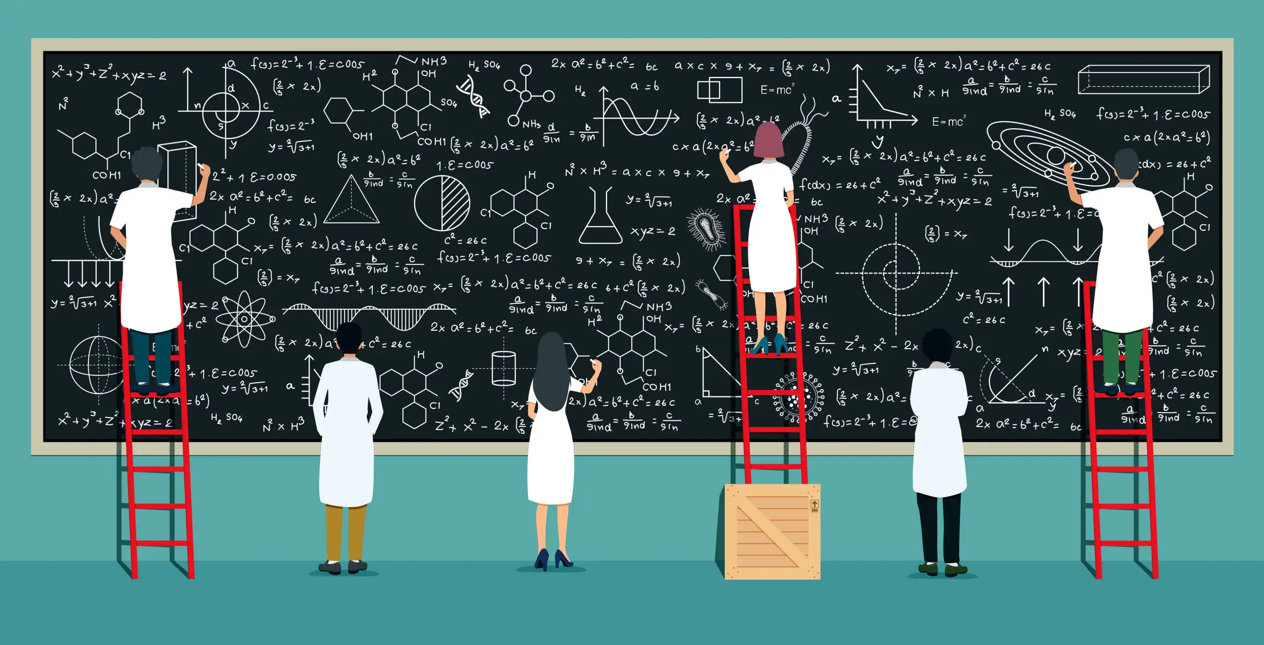 Cartoon of scientists writing complicated chemical equations on a chalkboard