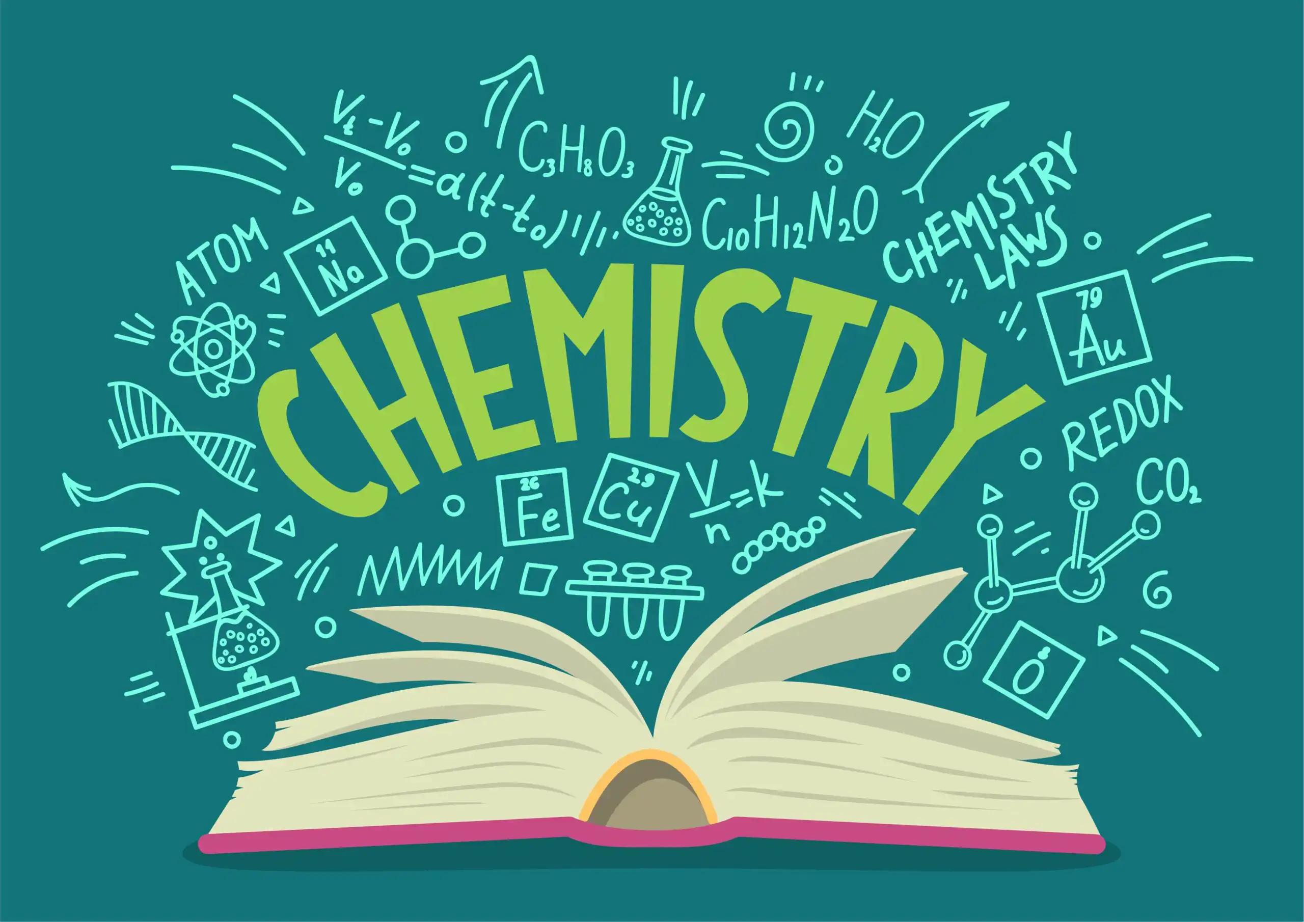 Illustration of an open book with doodles and the word Chemistry written above it