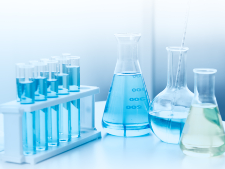 Beakers full of chemicals in a chemistry lab