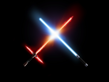 Blue and red lightsabers crossed