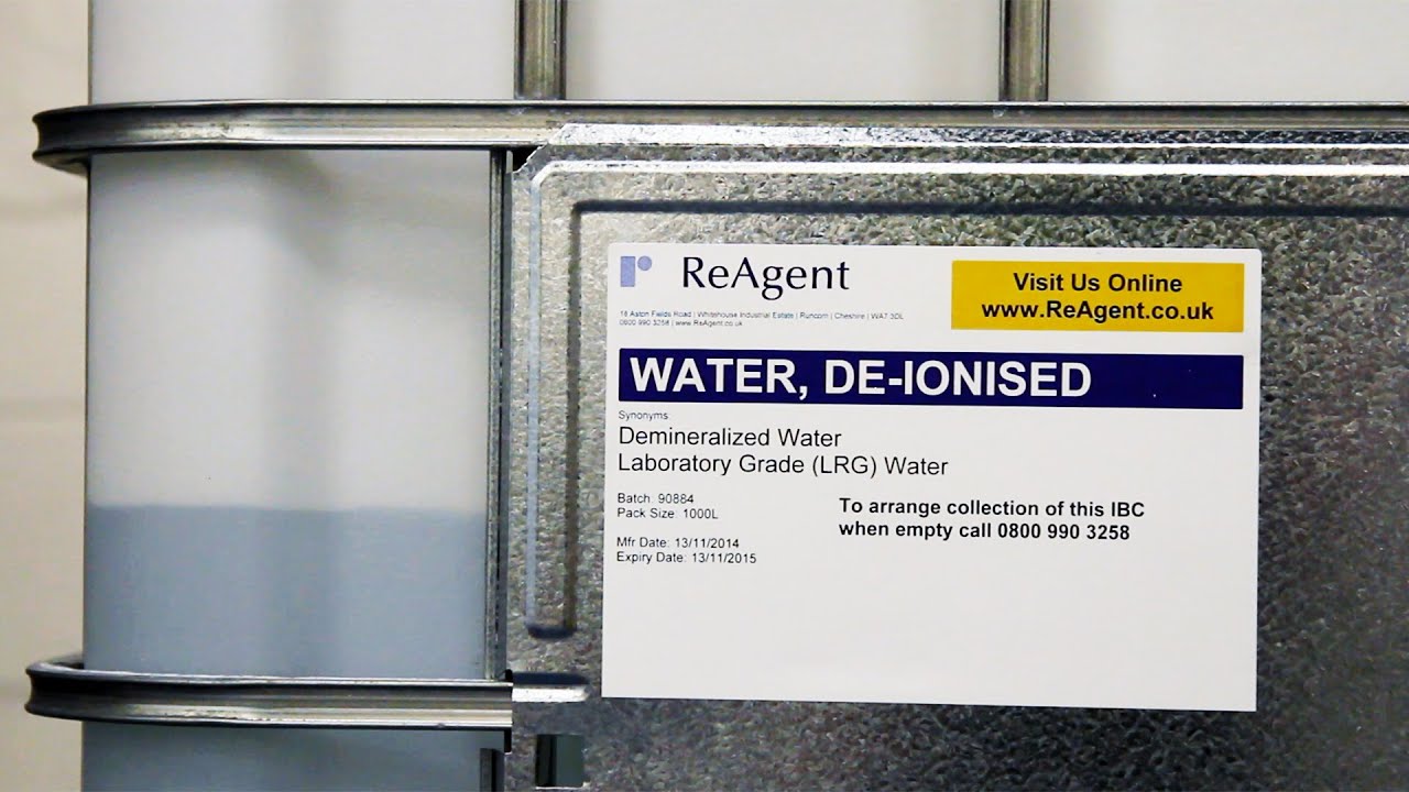Close up of a deionised water IBC from ReAgent