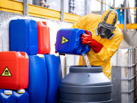 Chemical worker handling toxic chemicals
