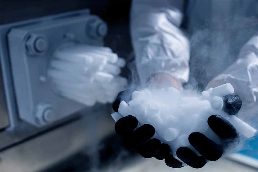  A close up view of an extruder used in dry ice production, with the created product held in black gloved hands by a worker wearing full protective gear. The dry ice in their hands is sublimating in an endothermic reaction.