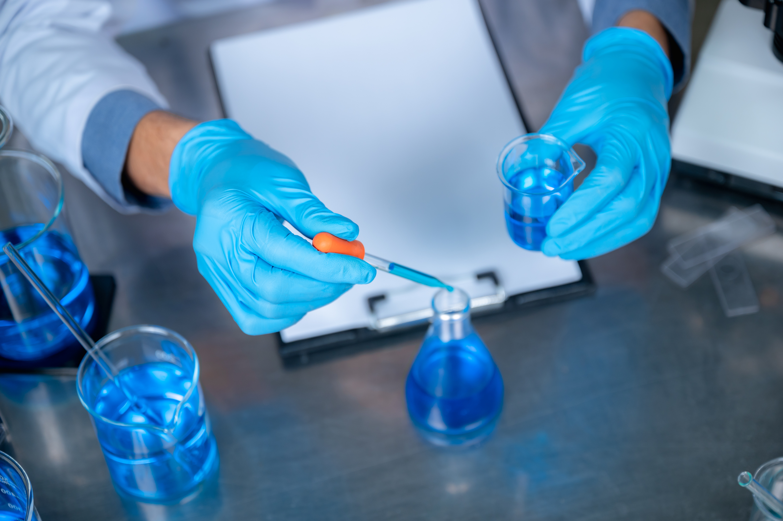 Copper sulfate solutions in a lab