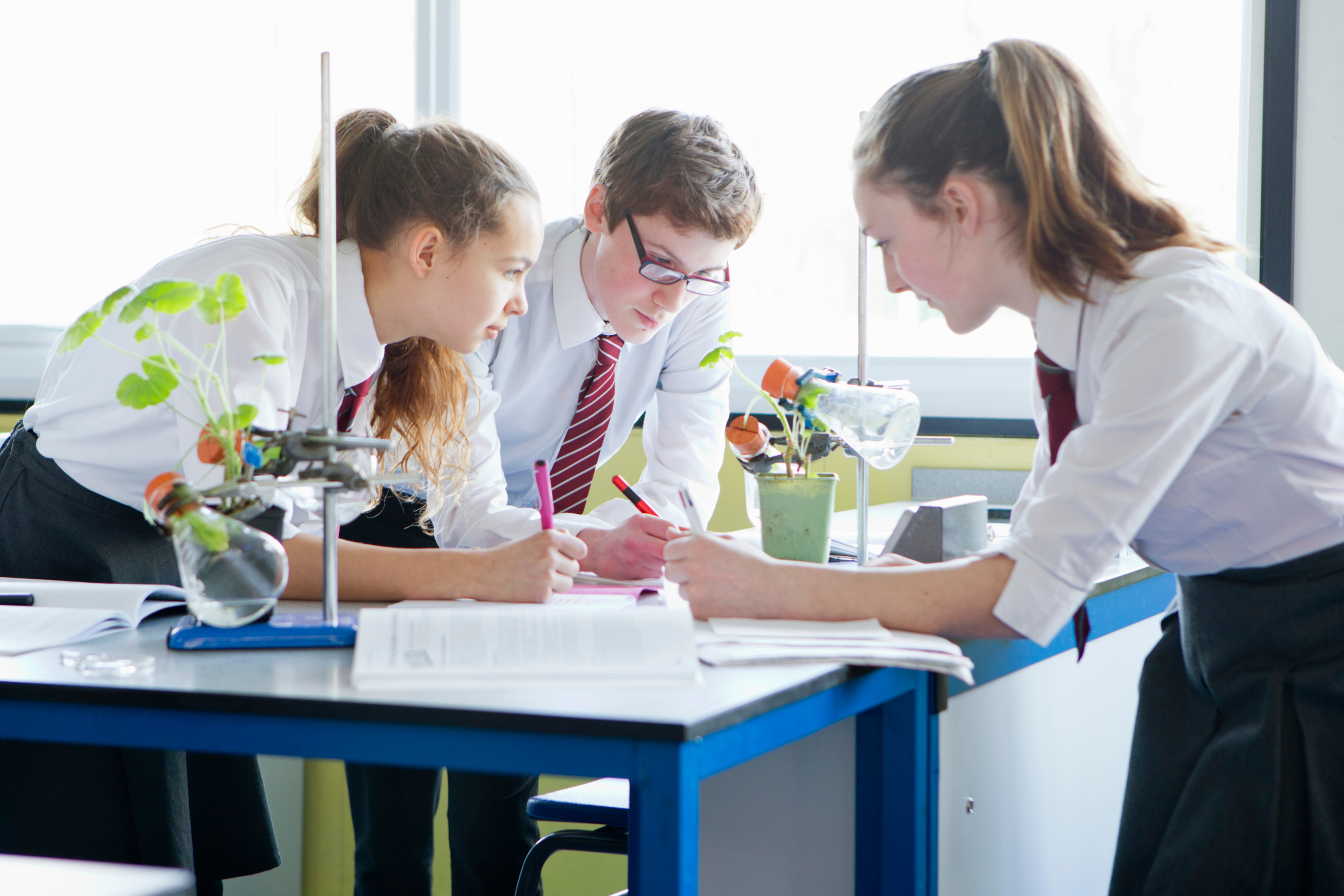 High school students performing a science experiment in class